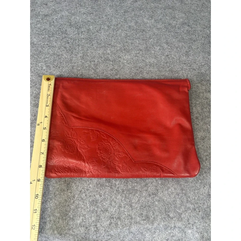 Barganza Floral Embossed Clutch Medium Red Leather‎ Rose Detail Handbag